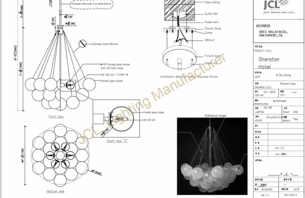 dining area bespoke chandelier shop drawing of Sheraton Los Angeles San Gabriel